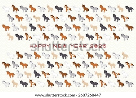 New Year's card vector illustration for 2026, Year of the Horse. Cute horse pattern. Traditional Japanese pattern background. Chinese characters translation is Horse.
