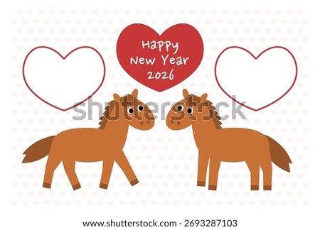 New Year's card vector illustration for the Year of the Horse 2026. Two horses looking at each other. Heart-shaped frame. Heart pattern background.
