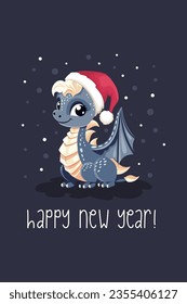 New Year's card vector template. Cute dragon in cartoon style in Santa Claus hat. Happy New Year inscription