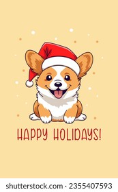 New Year's card vector template. Cute corgi puppy wearing a Santa Claus hat. Happy New Year inscription. Vector illustration