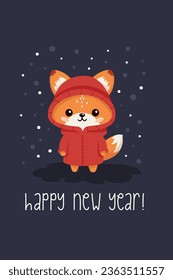 New Year's card vector template. Cute red fox in New Year winter costume. Happy holidays inscription