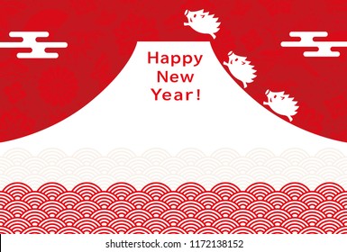 New Year's card with wild boars and mountain.