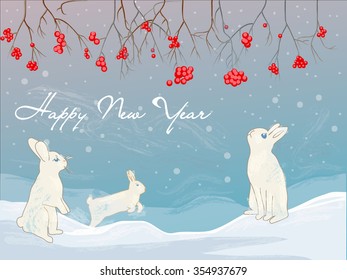 New Year's card. Winter landscape with snow, cranberry and rabbits