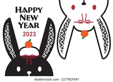 New Year's card for the year 2023 Illustration of a black rabbit and a white rabbit with rice cakes and oranges on their heads