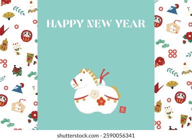 New Year's card for the year 2026. Illustration of a horse clay bell.