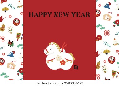 New Year's card for the year 2026. Illustration of a horse clay bell.