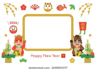 New Year's card for the year of the Horse and Japanese letter. Translation : "Greeting the New Year" "Good luck charm" "Good luck" "Horse"