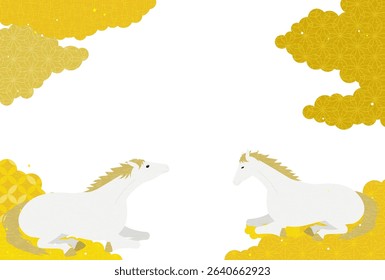 New Year's card for the year of the horse 2026, with two Lying White Horse and a Japanese pattern sea of clouds, Vector Illustration