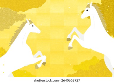New Year's card for the year of the horse 2026, with two white horses and a Japanese pattern sea of clouds, Vector Illustration