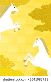 New Year's card for the year of the horse 2026, with two white horses and a Japanese pattern sea of clouds, Vector Illustration