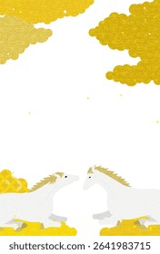 New Year's card for the year of the horse 2026, with two Lying White Horse and a Japanese pattern sea of clouds, Vector Illustration
