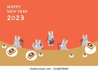 New Year's card of the year of rabbit eating  sweet bean paste butter toast in cafeteria.