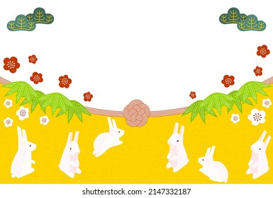 New Year's card for the year of the rabbit 2023, rabbit family, pine, bamboo, plum and mizuhiki, Japanese isometric