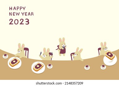 New Year's card of the year of rabbit eating  sweet bean paste butter toast.