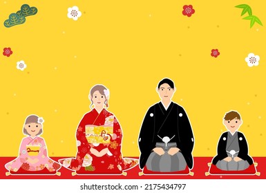 New Year's card for the year of the Rabbit, 2023, with a family in kimono, pine, bamboo, and plum