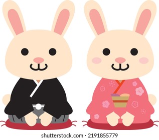 New Year's card for the year of the rabbit in 2023, illustration of a cute rabbit. Zodiac illustration. New Year in Japan.