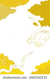 New Year's card for the year of the Snake 2025, with two white snakes and a Japanese pattern sea of clouds, Vector Illustration