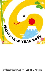 New years card for the Year of the Snake 2025, white snake surrounding Mt Fuji - Translation: Snake