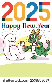 Tarjeta del Año Nuevo para el Año de la Serpiente, pasando la batuta del dragón a la serpiente