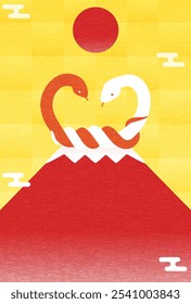 New Year's card for the year of the snake 2025, tied red and white snakes and red Fuji, Vector Illustration