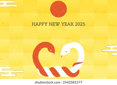 New Year's card for the year of the snake in 2025, tied red and white snakes and the first sunrise of the year, Vector Illustration