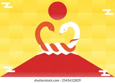 New Year's card for the year of the snake 2025, tied red and white snakes and red Fuji, Vector Illustration