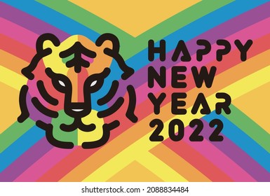 New Year's card for the year of the tiger 2022. Illustration for postcards, banners and direct messages(Rainbow color horizontal version)