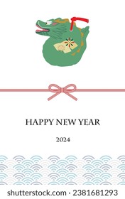 New Year's cards with dragon clay bells, mizuhiki, and Japanese patterns.