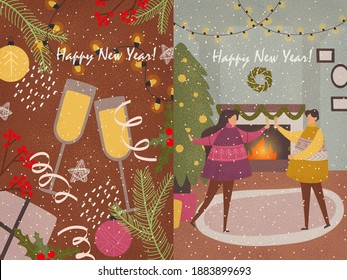 New Year's cards in the family style. Vivid illustrations for the New Year 2021 featuring a family decorating a Christmas tree with Christmas gifts. Vector illustration