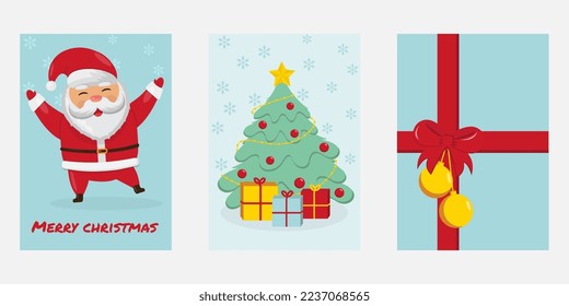 New Year's cards with Santa Claus, a Christmas tree and a bow