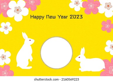 New Year's cards for the Year of the Rabbit 2023 Rabbit and plum, with photo frame