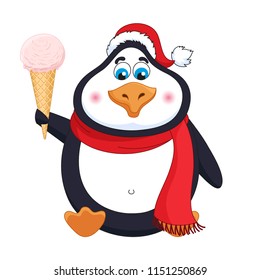 New Years cartoon penguin in red hat with ice-cream in horn sits