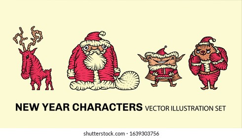 New Year's cartoon wonderful characters. Set of vector illustrations