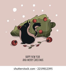 The New Year's cat dropped the Christmas tree. A postcard for the winter holiday. Vector illustration of the invitation. Happy New Year and Merry Christmas.
