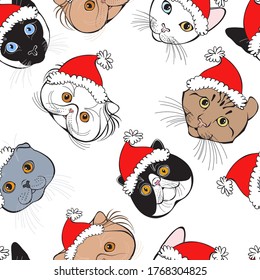 New Year's cats of different breeds. Seamless pattern with cats face in Santa's hat. Seven hand-drawn isolated  elements on white. 