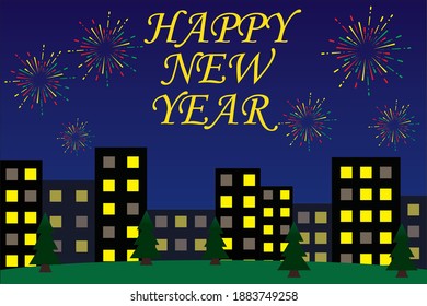 New Years celebration in a city at midnight. Vector drawing with fun style