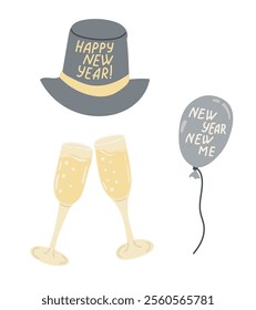 New Years celebration illustration with champagne glasses, festive hat, and balloon with hand drawn New Year, New Me message, symbolizing joy and renewal. Vector clipart isolated on white background