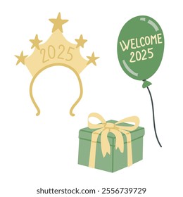 New Years celebration set with golden 2025 headband, green balloon, and gift box. Party elements in vector flat style isolated on white background