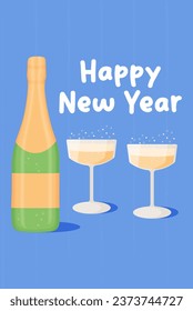 New Year's celebration. vector illustration. Two glasses of wine and a bottle of champagne on a blue background. New Year's Card