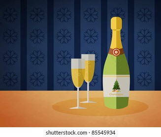 New Year's champagne bottle and two glasses with a drink