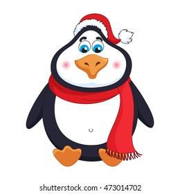 New Year's cheerful cute penguin in winter red hat and scarf sits, fat birdie has a rest, funny character, vector illustration