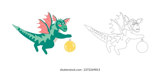 New Year's children's coloring book green winged dragon with a yellow Christmas ball. Vector cartoon illustration for children's books with coloring example