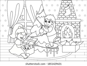 New year's children's illustration. A girl opens a gift, a boy dresses up a Christmas tree. Print for fairy tales. Cute brother and sister celebrate a home holiday. Stock drawing in cartoon style