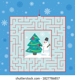 new year's children's rebus find the way to the snowman with a Christmas tree