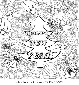 New Year's Christmas    anti-stress coloring book for adults and children of scary school age. Doodle illustrations. Festive elements. Lettering.