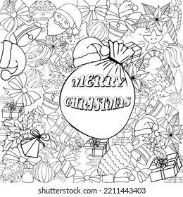 New Year's Christmas    anti-stress coloring book for adults and children of scary school age. Doodle illustrations. Festive elements. Lettering.