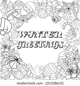 New Year's Christmas    anti-stress coloring book for adults and children of scary school age. Doodle illustrations. Festive elements. Lettering.