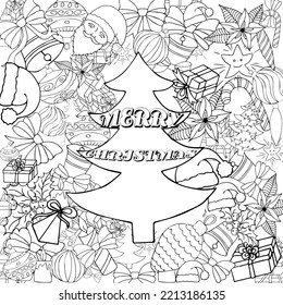 New Year's Christmas    anti-stress coloring book for adults and children of scary school age. Doodle illustrations. Festive elements. Lettering.