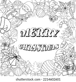 New Year's Christmas    anti-stress coloring book for adults and children of scary school age. Doodle illustrations. Festive elements. Lettering.