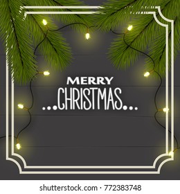 New Year's Christmas background, top view. Christmas tree branches, illumination lights garland on the boards in the frame. eps 10